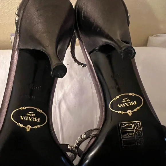 Prada Studded Ankle Strap Heels, Black, Size 39-1/2 (9-1/2 US,) GUC - Picture 5 of 15